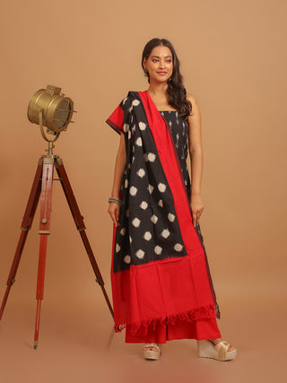 BLACK IKKAT COTTON KURTA SET WITH POLKA DOT DUPATTA