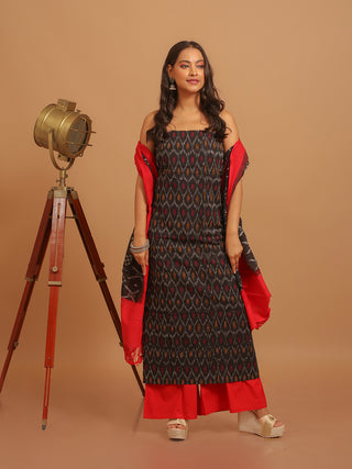 BLACK IKKAT COTTON KURTA-DUPATTA SET WITH RED LOWER FABRIC
