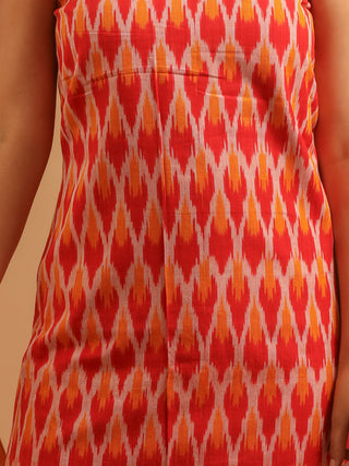 VERMILLION RED AND ORANGE IKKAT COTTON KURTA SET WITH ZIG-ZAG DUPATTA