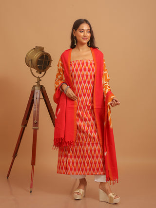VERMILLION RED AND ORANGE IKKAT COTTON KURTA SET WITH ZIG-ZAG DUPATTA