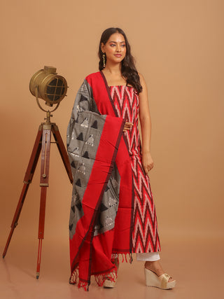 RED AND MAROON IKKAT COTTON KURTA SET WITH GREY GEOMETRIC DUPATTA