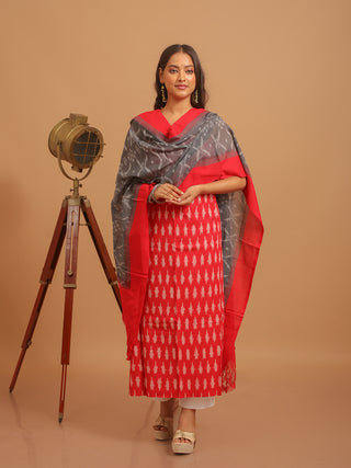 RED IKKAT COTTON KURTA SET WITH GREY IKKAT DUPATTA