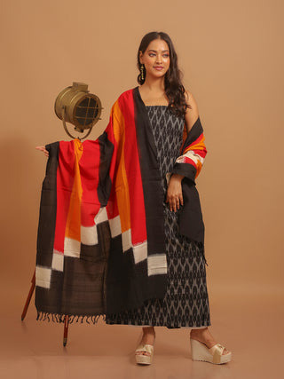 BLACK IKKAT COTTON KURTA SET WITH MULTICOLOUR BLOCK DUPATTA