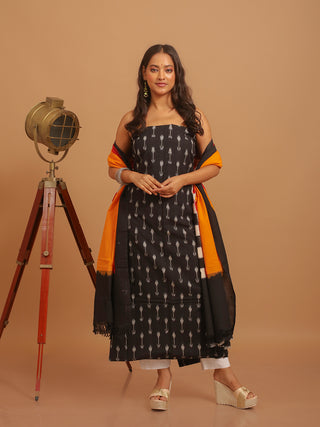 BLACK IKKAT COTTON KURTA SET WITH MULTICOLOR CHECKED DUPATTA