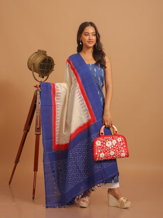 BLUE IKKAT COTTON KURTA SET WITH OFF-WHITE, RED AND BLUE DUPATTA