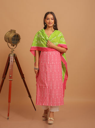 PINK IKKAT COTTON KURTA SET WITH PARROT GREEN DUPATTA