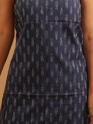 NAVY BLUE IKKAT COTTON KURTA SET WITH POLKA DOT DUPATTA