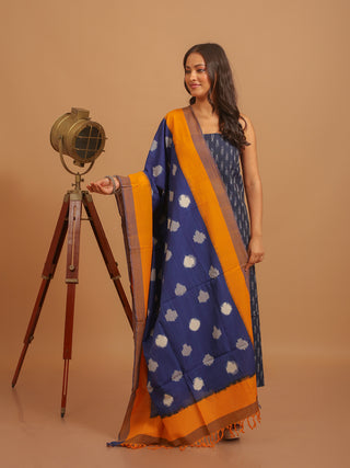 NAVY BLUE IKKAT COTTON KURTA SET WITH POLKA DOT DUPATTA