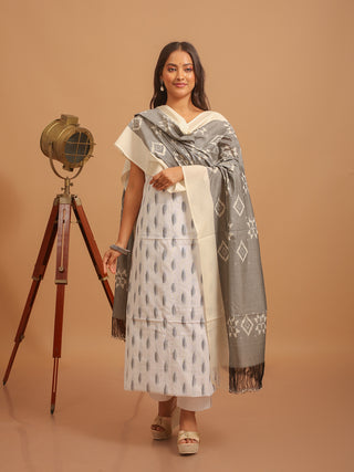 WHITE IKKAT COTTON KURTA SET WITH GREY DUPATTA