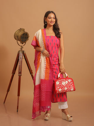 PINK IKKAT COTTON KURTA SET WITH MULTICOLOUR DUPATTA