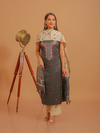 Charcoal Grey Viscose Katan Silk Kurta with Hand Kantha Work & Ivory-Grey Kantha Work Tussar Silk Dupatta