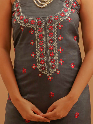 Charcoal Grey Viscose Katan Silk Kurta with Hand Kantha Work & Ivory-Grey Kantha Work Tussar Silk Dupatta