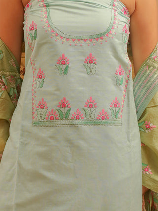 Pistachio Green Viscose Katan Silk Kurta with Mirror Highlights & Pink-Green Tussar Kantha Work Dupatta