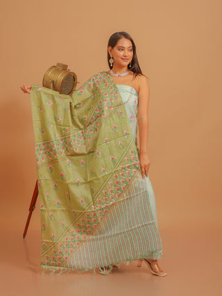 Pistachio Green Viscose Katan Silk Kurta with Mirror Highlights & Pink-Green Tussar Kantha Work Dupatta