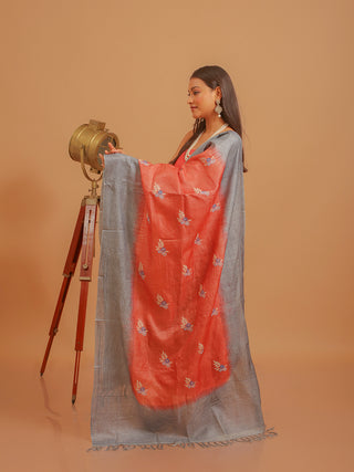 Rust Viscose Katan Silk Kurta with Kantha Embroidery & Grey-Blue-Rust Tussar Dupatta