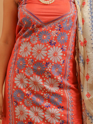 Rust Viscose Katan Silk Kurta with Floral Kantha & Cream Tussar Dupatta