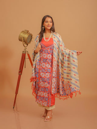 Rust Viscose Katan Silk Kurta with Floral Kantha & Cream Tussar Dupatta