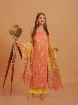 Brick-Red Viscose Katan Silk Kurta with Hand Kantha Work & Lemon Yellow- Brick-Red Tussar Silk Dupatta