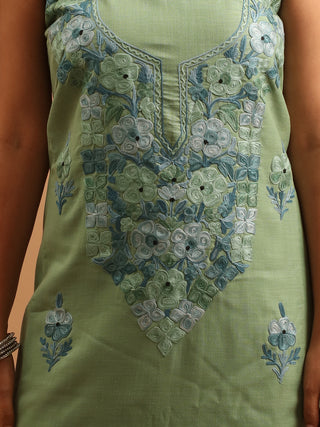 Sage Green Aari Embroidered Kashmiri Cotton Suit with Blue-Green Florals