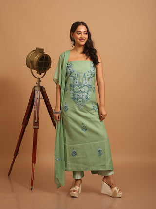 Sage Green Aari Embroidered Kashmiri Cotton Suit with Blue-Green Florals