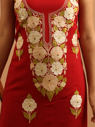 Maroon Kashmiri Aari Embroidered Georgette Suit with Cream Florals