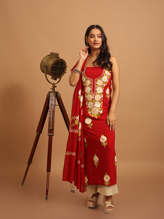 Maroon Kashmiri Aari Embroidered Georgette Suit with Cream Florals