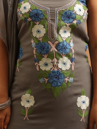 Slate Grey Kashmiri Aari Embroidered Georgette Suit with Blue Flowers