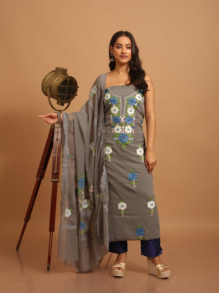 Slate Grey Kashmiri Aari Embroidered Georgette Suit with Blue Flowers