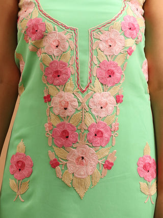 Mint Green Kashmiri Aari Embroidered Georgette Suit with Pink Florals