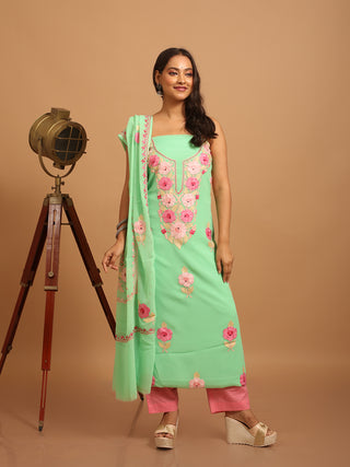 Mint Green Kashmiri Aari Embroidered Georgette Suit with Pink Florals