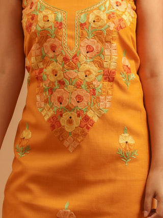 Mustard Yellow Aari Embroidered Kashmiri Cotton Suit with Floral Motifs