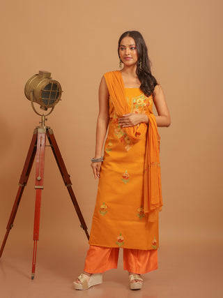 Mustard Yellow Aari Embroidered Kashmiri Cotton Suit with Floral Motifs