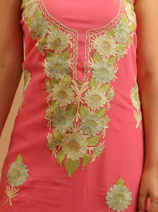 Rose Pink Aari Embroidered Kashmiri Georgette Suit with Ivory Florals