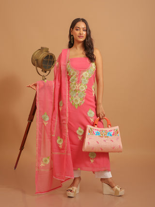 Rose Pink Aari Embroidered Kashmiri Georgette Suit with Ivory Florals
