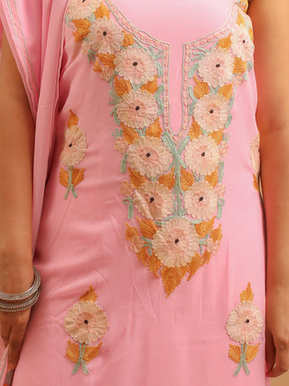 Baby Pink Aari Embroidered Kashmiri Georgette Suit with Pastel Florals