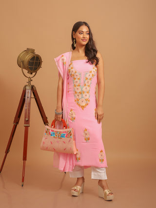 Baby Pink Aari Embroidered Kashmiri Georgette Suit with Pastel Florals
