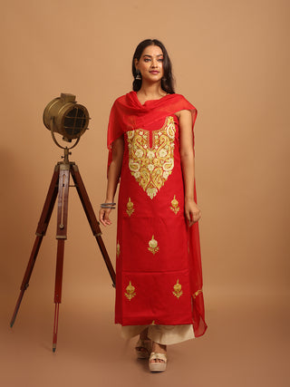 Red Kashmiri Aari Embroidered Kashmiri Cotton Suit with Floral-Paisley Motifs
