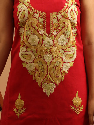 Red Kashmiri Aari Embroidered Kashmiri Cotton Suit with Floral-Paisley Motifs