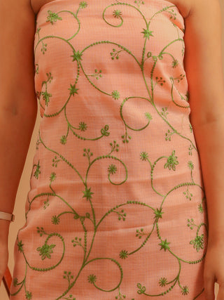 Peach Kota Cotton Dress Material with Green Thread Embroidery