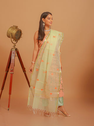 Peach Kota Cotton Dress Material with Green Thread Embroidery