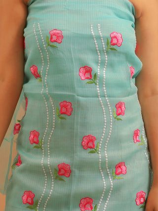 Sea Green Kota Cotton Dress Material with Pink Floral Embroidery