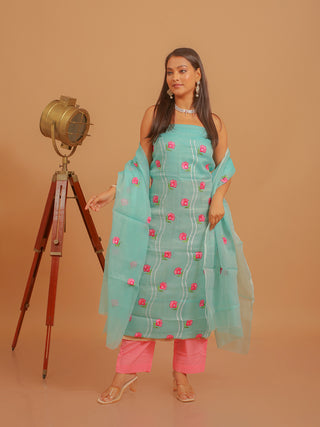 Sea Green Kota Cotton Dress Material with Pink Floral Embroidery