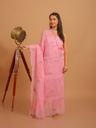 Lotus Pink Kota Cotton Dress Material with Multicoloured Embroidery