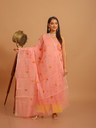 Coral Peach Kota Cotton Dress Material with Yellow Floral Embroidery