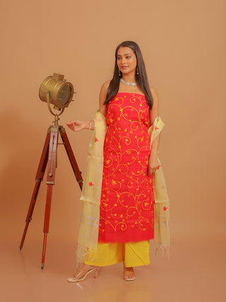 Crimson Red Kota Cotton Dress Material with Yellow Embroidery