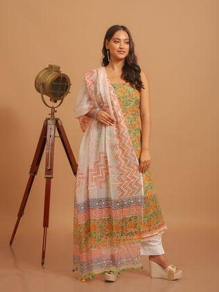 Green-Orange Jaipur Sanganeri Printed Kota Cotton Dress Material with Mirror Work Highlights