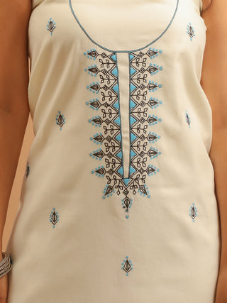 Cream Cotton Silk Kurta with Hand Aari Work, Black Manipuri Cotton Innaphi & Black Malai Cotton Bottom