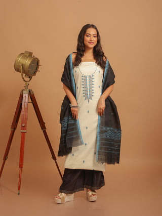 Cream Cotton Silk Kurta with Hand Aari Work, Black Manipuri Cotton Innaphi & Black Malai Cotton Bottom
