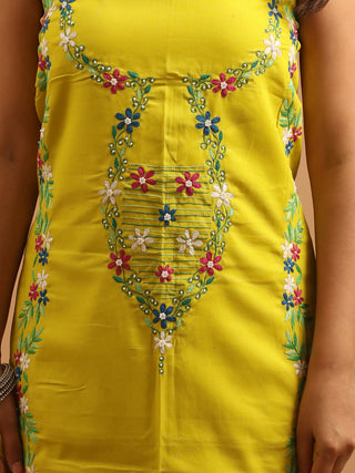 Lemon Yellow Cotton Kurta with Hand Aari Work, Green Manipuri Innaphi & Green Bottom