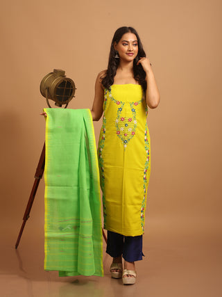 Lemon Yellow Cotton Kurta with Hand Aari Work, Green Manipuri Innaphi & Green Bottom